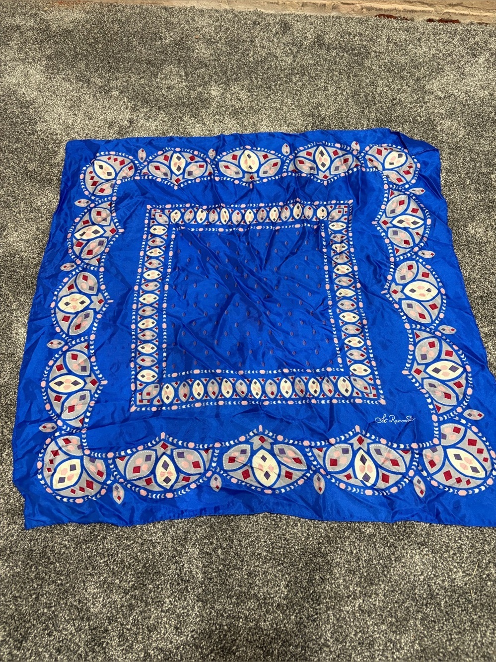 Vintage Signed St. Ramonde Silk Color Block Retro Print Square Scarf